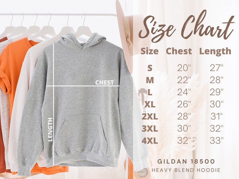 K&ouml;nnte beinhalten: Gr&ouml;&szlig;entabelle f&uuml;r ein Gildan 18500 Heavy Blend Hoodie. Die Tabelle zeigt Brust- und L&auml;ngenma&szlig;e in Zoll f&uuml;r die Gr&ouml;&szlig;en S bis 4XL.