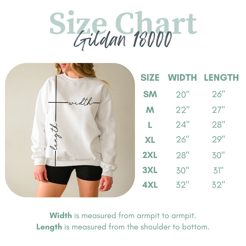 May include: Size chart for Gildan 18000 sweatshirts, showing measurements in inches for width and length for sizes small to 4XL.