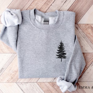 Pine Tree Sweatshirt, Evergreen Trees, Travel Sweatshirt, Gift for Nature Lover, Camping, Hiking Shirt, Nature Crewneck Sweatshirt for Women Sport Grey