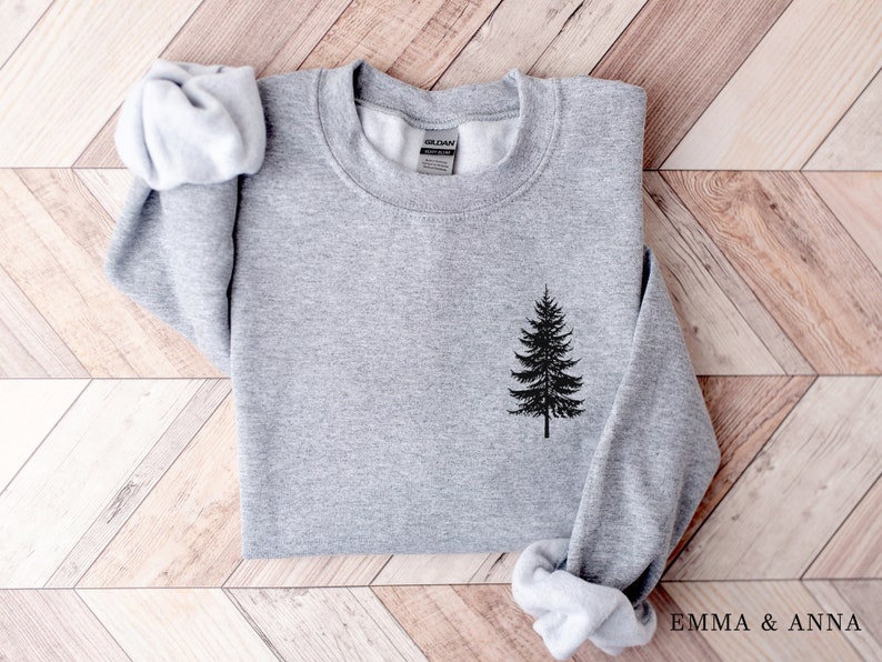 Pine Tree Sweatshirt, Evergreen Trees, Travel Sweatshirt, Gift for Nature Lover, Camping, Hiking Shirt, Nature Crewneck Sweatshirt for Women Sport Grey
