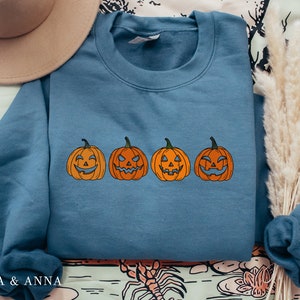 Pumpkin Sweatshirt, Pumpkin Sweater, Jack-o-Lantern Sweatshirt, Halloween Crewneck Sweatshirt, Halloween Sweater, Spooky Season, Fall Shirts Indigo Blue