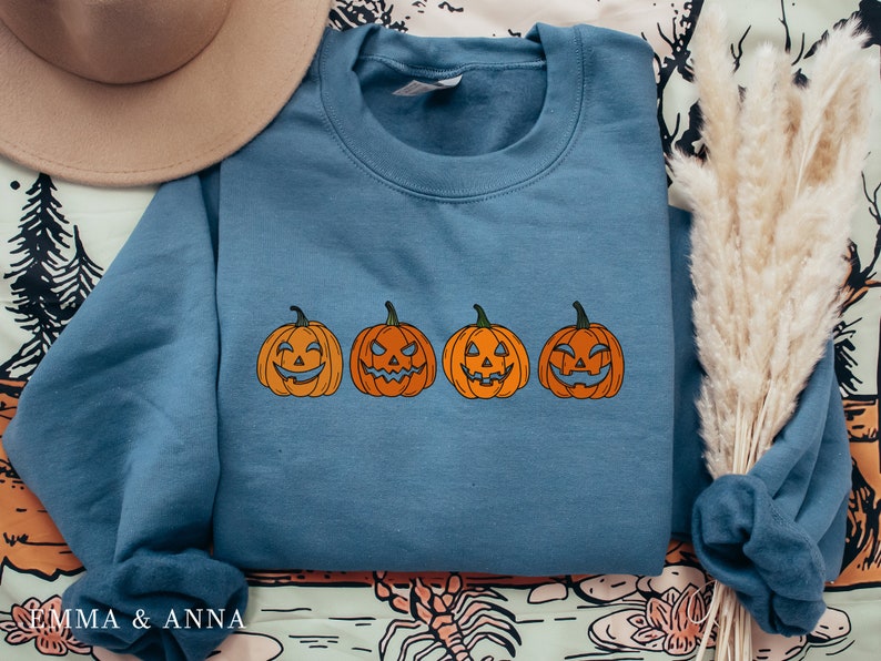 Pumpkin Sweatshirt, Pumpkin Sweater, Jack-o-Lantern Sweatshirt, Halloween Crewneck Sweatshirt, Halloween Sweater, Spooky Season, Fall Shirts Indigo Blue