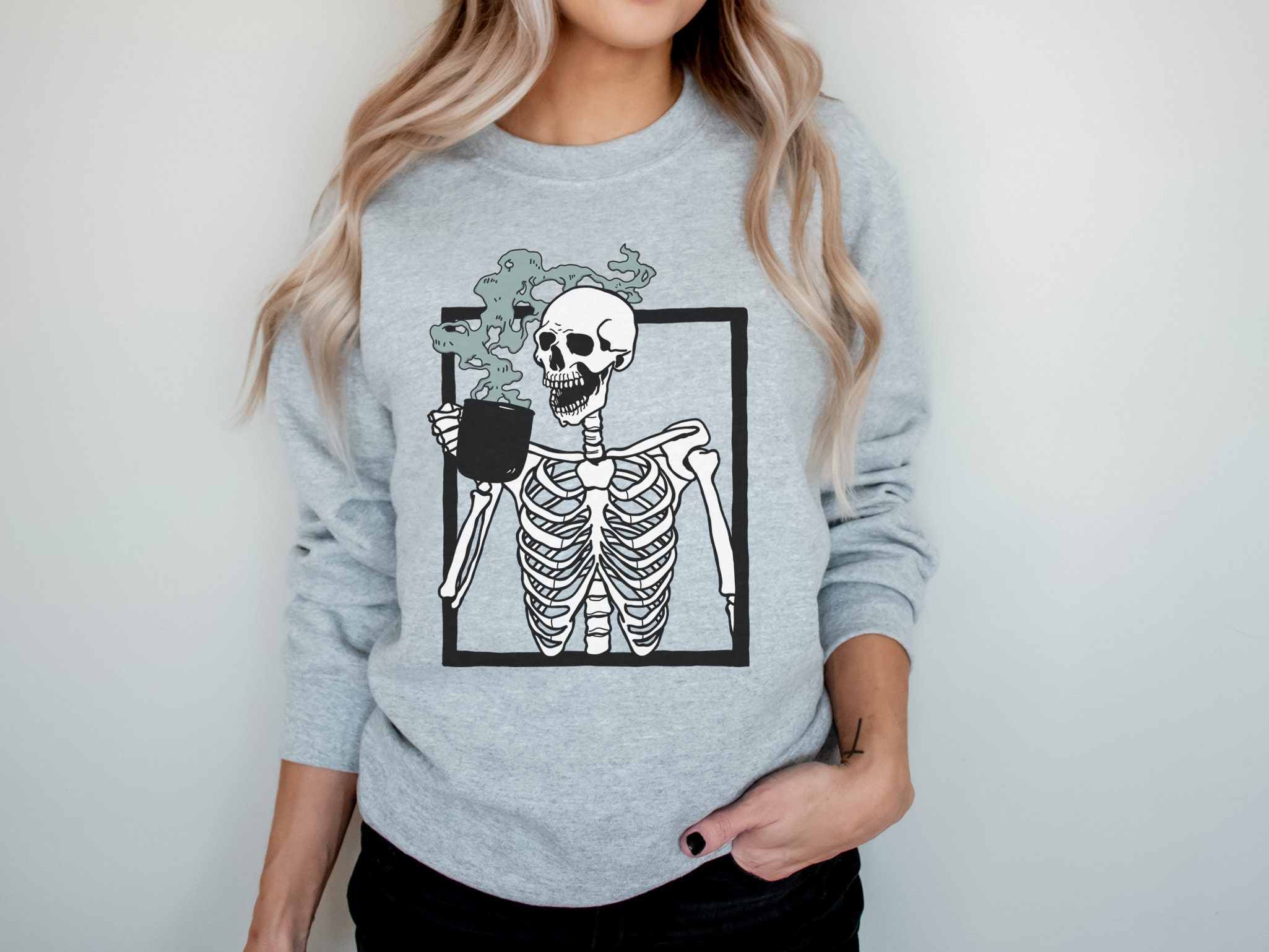 Skeleton Drinking Coffee Sweatshirt Skeleton Shirt Funny | Etsy