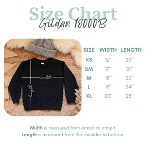 May include: Size chart for Gildan 18000B sweatshirts, showing measurements in inches for width and length. The chart includes sizes XS, SM, M, L, and XL.