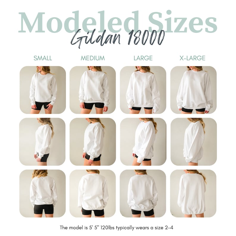 May include: A model wearing a white Gildan 18000 sweatshirt in sizes small, medium, large, and x-large. The model is 5'5" and 120lbs. The model is wearing black shorts.