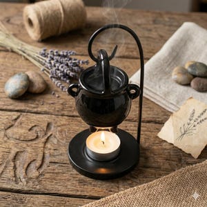 May include: A black ceramic essential oil diffuser with a cauldron-shaped bowl, a handle, and a candle holder. The candle is lit, and steam rises from the bowl. The diffuser sits on a wooden surface with lavender and stones.
