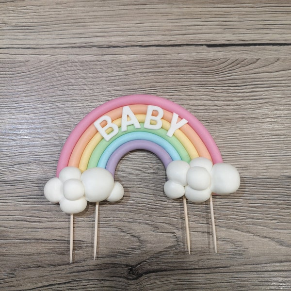 Regenbogen Tortendeko Tortenfigur Tortentopper Rainbow Regenbogenbrücke Pastellfarbe m. Wolken und Name Tortendeko für Taufe Geburtstag Baby