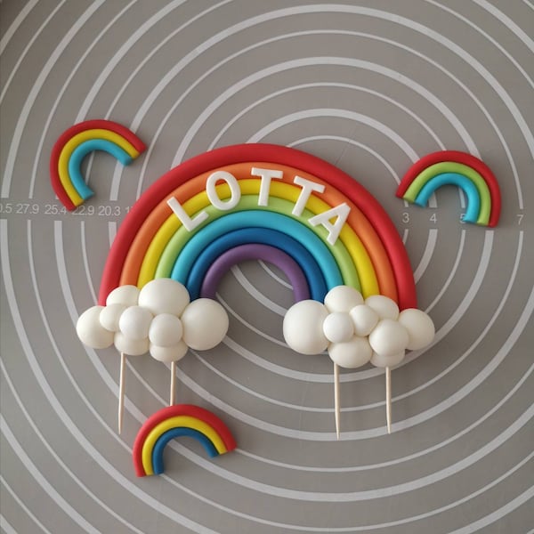 Regenbogen Tortendeko Tortenfigur Tortentopper Rainbow Regenbogenbrücke bunt mit Wolken und Name Tortendekoration für Taufe Geburtstag Baby