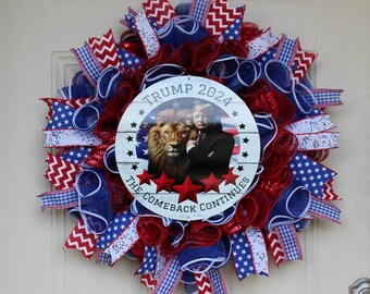 Trump 2024 Wreath - The Comeback Continues | Patriotic Red, White, Blue Door Décor | Lion & Flag Design - Republican Political Wreath