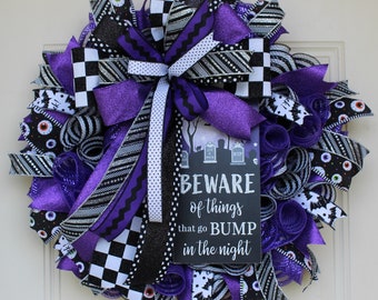 Beware Halloween Wreath, Purple and Black Deco Mesh Wreath, Spooky Front Door Décor, Witch and Skeleton Wreath, Halloween Party Decoration