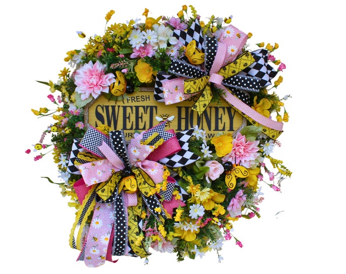 Featured listing image: Handmade Spring Floral Wreath, Sweet Honey Bee Theme, Yellow Pink Garden Décor, Summer Front Door Wreath