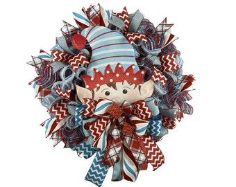 Handmade Christmas Elf Wreath – Whimsical Holiday Décor with Red and Blue Chevron Bows, Front Door Christmas Decoration, Cute Elf Décor