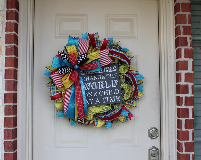 Featured listing image: Teacher Appreciation Wreath – Vibrant Ribbon Wreath for Front Door Décor – Teacher Gift – Classroom Door Sign Wreath