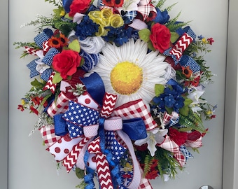 Patriotic Wreath for Front Door, Red White Blue Daisy Wreath, 4th of July Wreath, American Flag Bow, Memorial Day Door