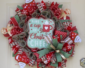 Christmas Wreath - Cup of Christmas Cheer - Holiday Front Door Décor - Gingerbread Theme - Red and Green Festive Wreath