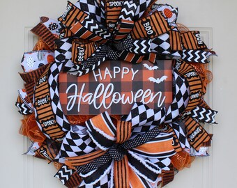 Happy Halloween Wreath, Spooky Halloween Décor, Front Door Wreath, Handmade Halloween Decoration, Festive Halloween Wreath