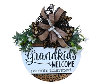 Funny Grandkids Welcome, Parents Tolerated Door Hanger - Funny Welcome Sign for Grandparents, Leopard Print Home Décor, Grandparent Gift