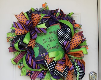Purple and Green Halloween Wreath, Witch Way to the Candy Sign, Handmade Halloween Décor, Front Door Wreath, Spooky Witch Wreath