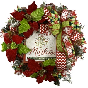 Christmas Mistletoe Wreath for Front Door, Red Green Holiday Wreath, Poinsettia Wreath with Bows, Holiday Door Décor Handmade