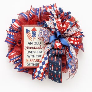 Patriotic Firecracker Wreath for Front Door, 4th of July Wreath, Red White Blue Décor, Independence Day Door Hanger, USA Ribbon Wreath