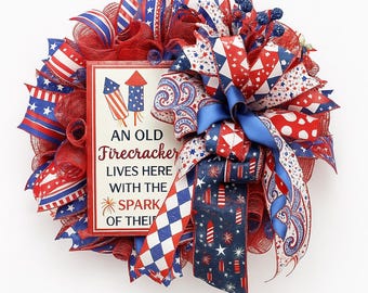 Patriotic Firecracker Wreath for Front Door, 4th of July Wreath, Red White Blue Décor, Independence Day Door Hanger, USA Ribbon Wreath
