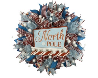 North Pole Christmas Wreath, Red Blue White Holiday Wreath, Winter Wonderland Door Décor, Pom Pom Ribbon Mesh Wreath Handmade