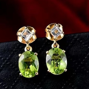 Oval Peridot & Square Moissanite Dangle Earrings – Sterling Silver Peridot Gemstone Drop Earrings, August Birthstone Jewelry, Gift For Her