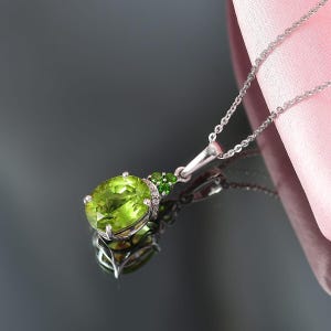 Peridot Halo Pendant with Moissanite in 14K Solid White Gold | August Birthstone Necklace | Green Gemstone Jewelry Gift | Handmade Pendant