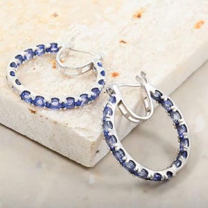 AAAA Tanzanite Hoop Earrings in Platinum Over Sterling Silver, Tanzanite Earring, Tanzanite Jewellery, Gemstone Earring, Gift for Her