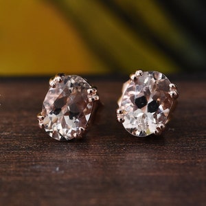 Morganite Solitaire Earrings In 14k Rose Gold, Oval Morganite Stud Earrings, Deanty Gemstone Stud Earring, Morganite Jewelry, Gift For Her,
