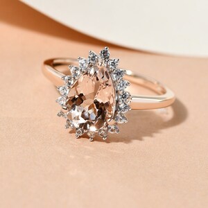 Anillo de halo de morganita natural en plata de oro rosa de 14 quilates, anillo de morganita, anillo de compromiso de morganita, anillo de boda de morganita, regalo para ella