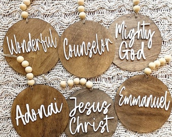 Names of God Christmas Ornaments, Christmas Ornaments, Large ornaments with the Names of Christ, Religious Ornaments, Wooden Ornaments