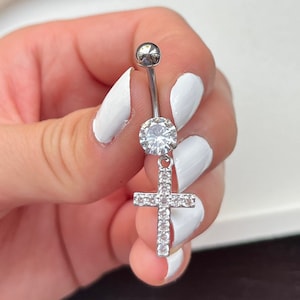 Cross Belly bar dangle with diamonds diamanté crystal rhinestone sparkly body jewellery navel bar surgical steel Christian baptism gift