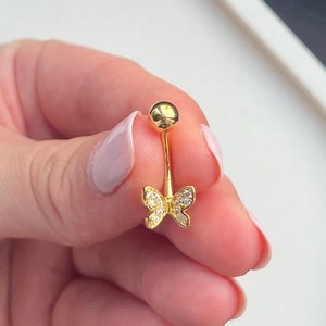 Mini Gold Silver Butterfly Belly bar with diamonds 316L surgical steel crystal rhinestone sparkly body jewellery navel bar surgical steel