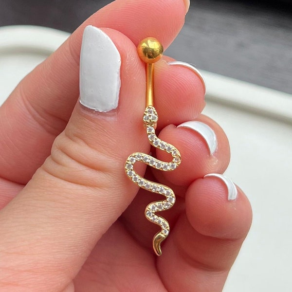 Gold Snake belly bar with diamonds diamanté crystal rhinestone sparkly body jewellery navel bar belly ring 316L surgical steel