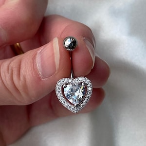 Heart belly bar with diamonds diamanté crystal rhinestone sparkly body jewellery navel bar belly ring 316L surgical steel