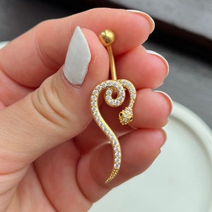 Gold Snake belly bar with diamonds diamanté crystal rhinestone sparkly body jewellery navel bar belly ring 316L surgical steel