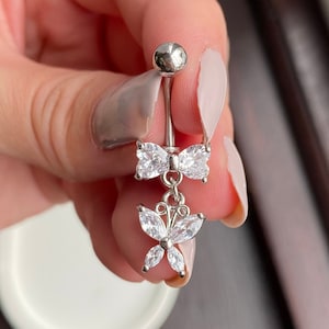 Silver Bow Butterfly dangly belly bar with diamonds diamanté crystal rhinestone sparkly body jewellery navel bar 316L surgical steel