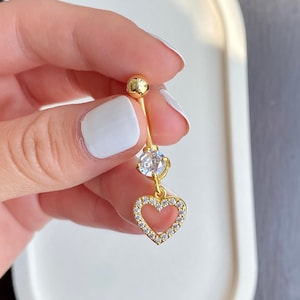 Gold Heart dangly belly bar with diamonds diamanté crystal rhinestone sparkly body jewellery navel bar belly ring 316L surgical steel