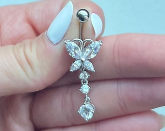 Piercing Ombelico Farfalla In Acciaio Chirurgico Con CZ - Oro E Argento, 14G 10mm, Per Donne