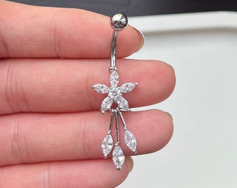 Flower Belly bar with cubic zirconia cz diamonds diamanté crystal rhinestone sparkly body jewellery navel bar 316L surgical steel