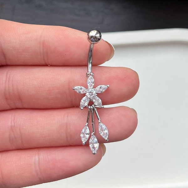 Flower Belly bar with cubic zirconia cz diamonds diamanté crystal rhinestone sparkly body jewellery navel bar 316L surgical steel