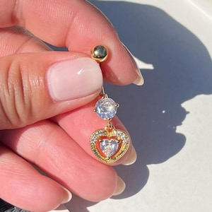 Gold Heart dangly belly bar with diamonds diamanté crystal rhinestone sparkly body jewellery navel bar belly ring 316L surgical steel