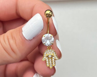 Hamsa Hand Gold or Silver Dangly belly bar with diamonds diamanté crystal sparkly body jewellery navel bar belly ring 316L surgical steel