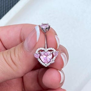 Silver Pink Heart belly bar with diamond top 316L surgical steel diamonds crystal rhinestone sparkly body jewellery navel bar