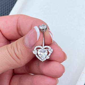 Silver Heart belly bar with diamond top 316L surgical steel diamonds crystal rhinestone sparkly body jewellery navel bar