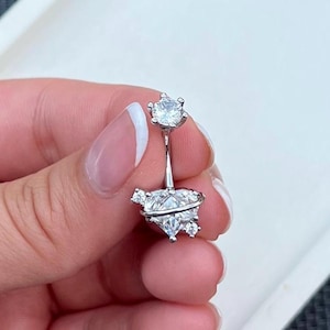 Silver Heart planet orbit belly bar with diamond top 316L surgical steel diamonds crystal rhinestone sparkly body jewellery navel bar