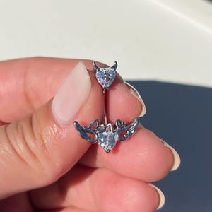 Heart belly bar with angel wings heart top devil horns diamonds crystal sparkly body jewellery navel bar belly ring 316L surgical steel