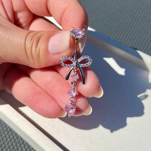 Pink Bow Butterfly Diamond Dangle belly bar with diamonds diamanté crystal rhinestone sparkly body jewellery navel bar 316L surgical steel