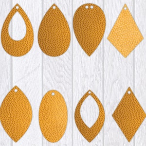 May include: Eight different earring shapes made of a textured, orange material. The shapes include teardrop, oval, and diamond.